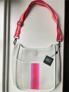 BC Handbags White Perforated Faux Leather Crossbody Pink Orange Stripe Adj Strap